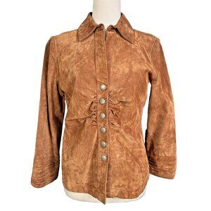 Vintage Y2K Women’s Suede Leather Button Jacket Corset Waist Beige Tan Medium